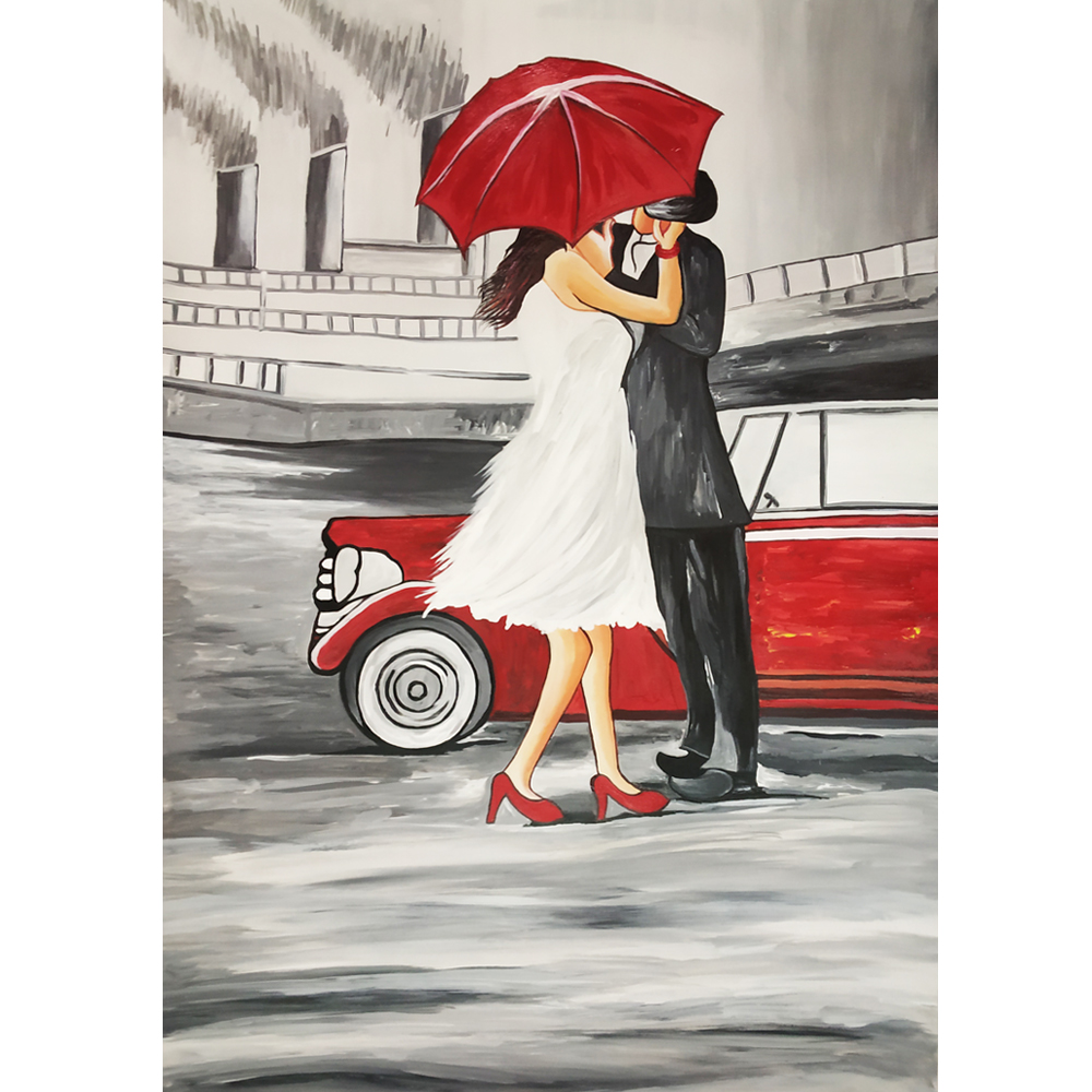 Couple Kissing Under Red Umbrella Painting Romantic Wall Art for